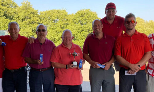 Friday "greensome" winners (reds) Den Turner (L) and Gareth Venables (R) with Nigel Stevenson